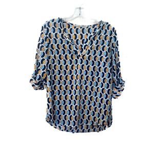 41 HAWTHORN Blouse V Neck Roll Tab Sleeve Orange Blue Abstract Artsy Top Small